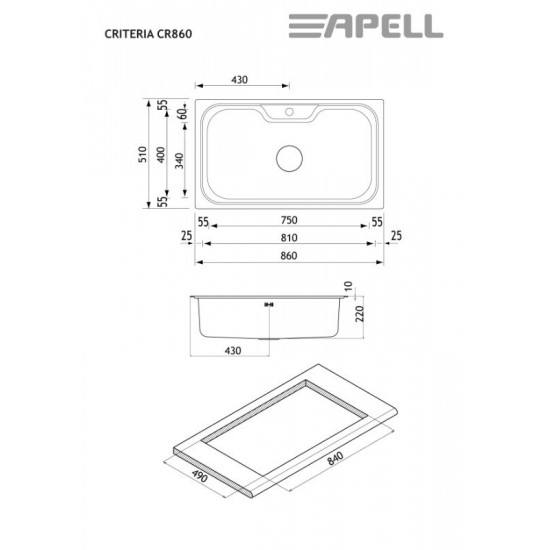 Νεροχύτης Ένθετος Apell CR860 CR860-110 86x51 Inox Σατινέ Νεροχύτης Ένθετος Apell CR860 CR860-110 86x51 Inox Σατινέ