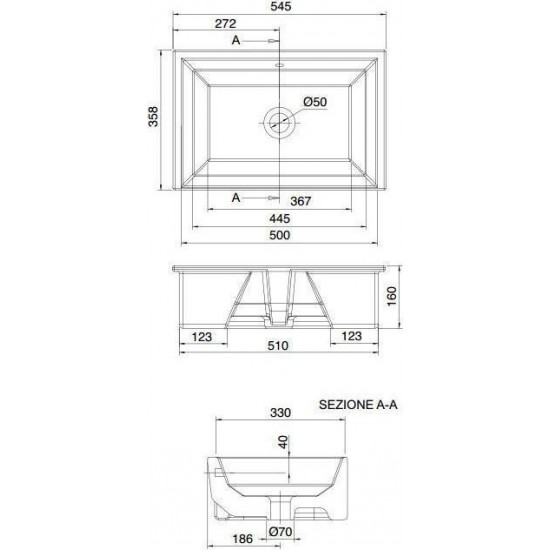 Νιπτήρας Μπάνιου Λευκός Πορσελάνης Scarabeo Tech 8037-300 Υποκαθήμενος Ορθογώνιος Τετραγωνισμένος 35.8 × 54.5 εκ. με Τρύπα Υπερχείλισης και με Αντιμικροβιακή Επίστρωση