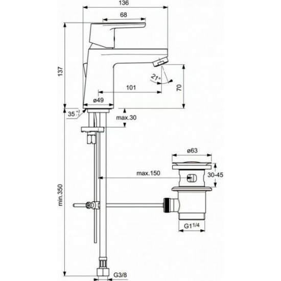 Μπαταρία Νιπτήρα Αναμεικτική Ορειχάλκινη Ideal Standard Vito Β0405ΑΑ Χρωμέ Τετραγωνισμένη με Αυτόματη Βαλβίδα