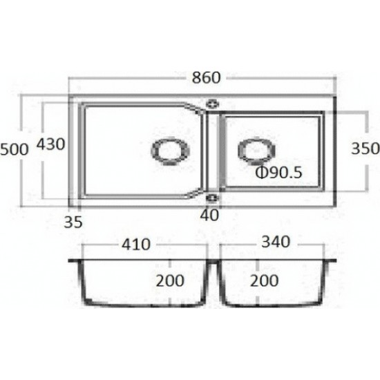 Νεροχύτης Γρανιτένιος Ένθετος Sanitec Ultra Granite 804 (86X50) Graphite Βαρέως Τύπου με 2 Ανισομερείς Γούρνες