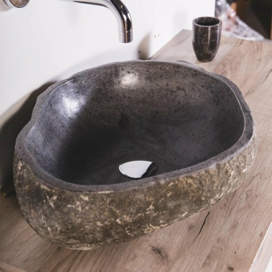Νιπτήρας Μπάνιου Πέτρινος Bati Bali River Stone 60 Ανθρακί Επικαθήμενος 40-45 x 50-60 εκ. Οβάλ Ασύμμετρος χωρίς Οπή για Βρύση και χωρίς Τρύπα Υπερχείλισης