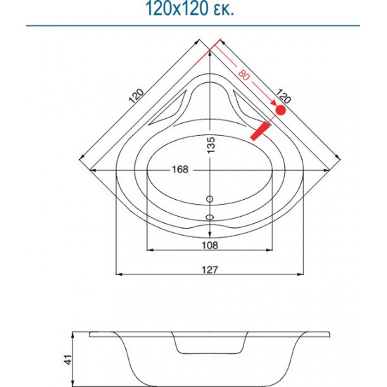 Μπανιέρα Γωνιακή Υδρομασάζ Sirene Modena ένθετη ή με ποδιά 120 x 120 cm