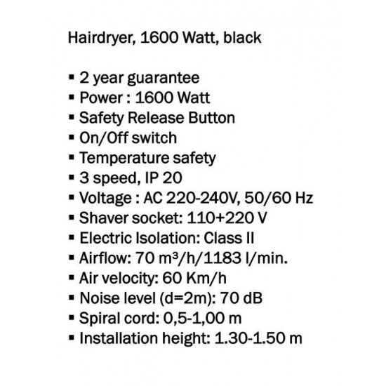 Σεσουάρ Μαλλιών 3 Ταχυτήτων 1600W Geesa Black 6478-100400 Μαύρο Σεσουάρ Μαλλιών 3 Ταχυτήτων 1600W Geesa Black 6478-100400 Μαύρο