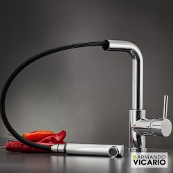 Μπαταριά Κουζίνας Πάγκου Αναμεικτική Ορειχάλκινη Armando Vicario 18580 Χρωμέ με Υψηλό Περιστρεφόμενο Ρουξούνι και Αποσπώμενο Ντους 