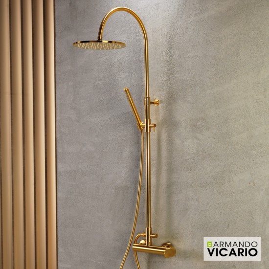 Στήλη Ντουζ 2 Εξόδων Armando Vicario Slim Brushed Gold 500065-201 Χρυσό (Μπαταρία, Κολώνα Ρυθμιζόμενου Ύψους, Ανακλινόμενη Κεφαλή Φ25, Τηλέφωνο με Στήριγμα και Άθραυστο Σπιράλ)