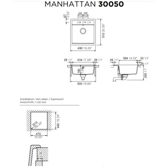 Ένθετος Νεροχύτης Γρανιτένιος Schock Cristalite Manhattan 49x51cm Nero