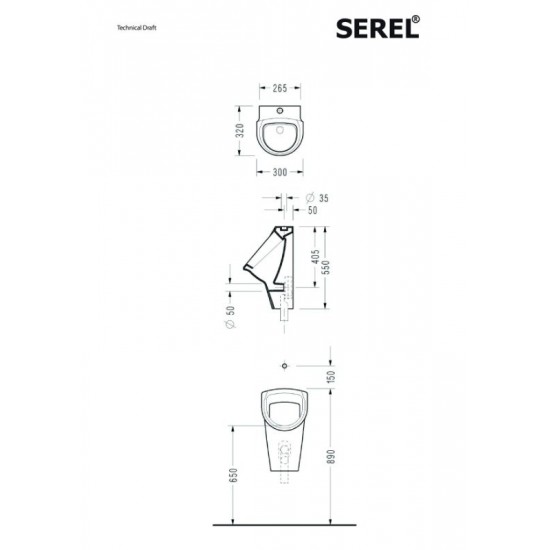 Ουρητήριο με παροχή επάνω Λευκό Serel 6809U-300 32εκ.
