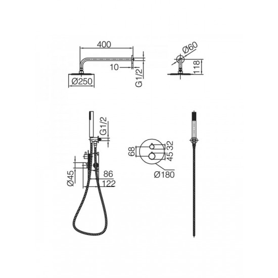 Μπαταρία Σετ με Σύστημα Μίκτη Εντοιχισμού 2 Εξόδων IMEX GENOVA BLACK GUN METAL GTG053/BGM Θερμοστατική Ανθρακί