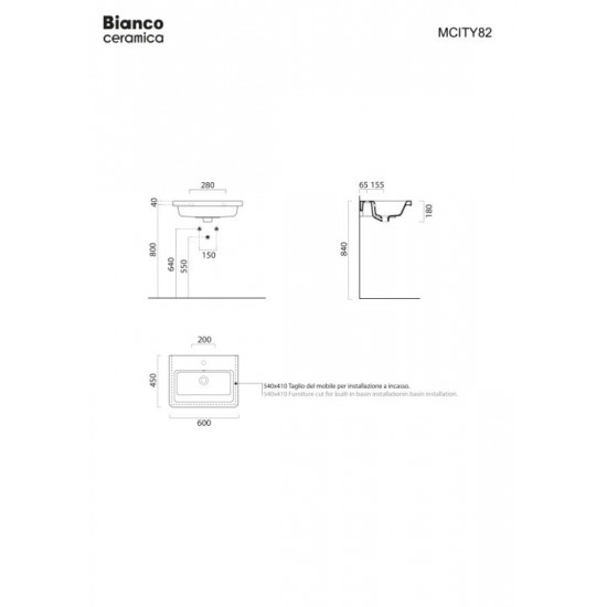 Επικαθήμενος Νιπτήρας Πορσελάνης Bianco Ceramica City 60 MCITY82-300 60x45cm