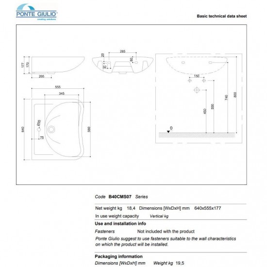 Νιπτήρας Α.Μ.Ε.Α. Ponte Giulio 130 Series B40-CMS-07 Λευκή 68x35cm Νιπτήρας Α.Μ.Ε.Α. Ponte Giulio 130 Series B40-CMS-07 Λευκή 68x35cm