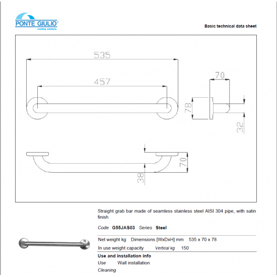 Λαβή Τοίχου Στήριξης Α.Μ.Ε.Α. 54cm Ponte Giulio Inox G56-JAS-03 Λαβή Τοίχου Στήριξης Α.Μ.Ε.Α. 54cm Ponte Giulio Inox G56-JAS-03
