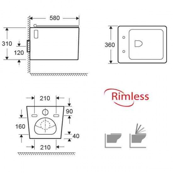 Λεκάνη Κρεμαστή Karag Rimless LT 003E Λευκή Πορσελάνης 53 εκ. με Κάλυμμα Duroplast Slim Soft Close
