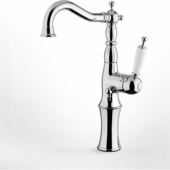 Μπαταρία Νιπτήρος Ψηλή Αναμεικτική Ορειχάλκινη Bugnatese Oxford 6317-100 Χρωμέ vintage Ρετρό Με Αυτόματη Βαλβίδα Χρωμέ, Λευκό Πόμολο και Ψηλό Περιστρεφόμενο Ρουξούνι για Επιτραπέζιο Νιπτήρα