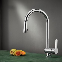 Μπαταρία Κουζίνας Πάγκου Armando Vicario Base 15780-100 Με Υψηλό Περιστρεφόμενο Ρουξούνι και Συρόμενο Ντουζ και Άθραυστο Σπιράλ  Χρωμέ