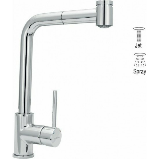 Μπαταρία Κουζίνας Πάγκου Modea Pull Out Line 00-2084 Χρωμέ Viospiral Με Υψηλό Περιστρεφόμενο Ρουξούνι και Συρόμενο Ντουζ με Άθραυστο Σπιράλ 