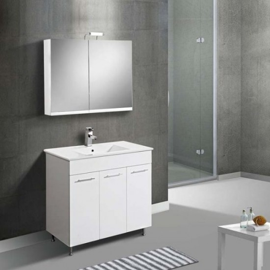 Σετ Έπιπλο Μπάνιου Βάση Με Καθρέπτη MDF Λάκα Λευκή Mabo Apia 60 cm Με Νιπτήρα Και Φωτιστικό
