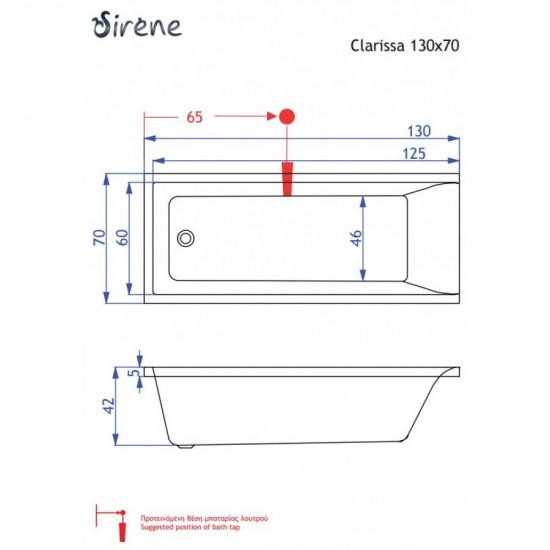 Μπανιέρα Sirene Clarissa 130x70 ένθετη Μπανιέρα Sirene Clarissa 130x70 ένθετη