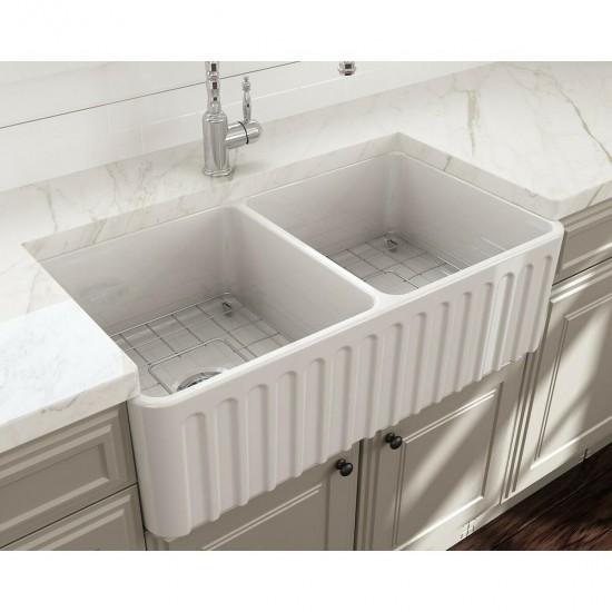 Νεροχύτης Κουζίνας Πορσελάνης A-3318ND White Glossy (Λευκό Γυαλιστερό) 83,5x45,9x25,4 cm Vintage με 2 Γούρνες