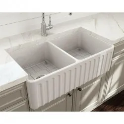Νεροχύτης Κουζίνας Πορσελάνης A-3318ND White Glossy (Λευκό Γυαλιστερό) 83,5x45,9x25,4 cm Vintage με 2 Γούρνες