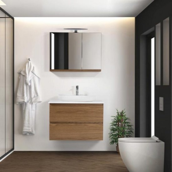 Σετ Έπιπλο Μπάνιου Βάση Με Καθρέπτης Κόντρα Πλακέ Σημύδα Με Επένδυση Καπλαμά Δρυς Mabo Katarina 100 cm Με Πάγκο Λευκού Corian και Φωτιστικό