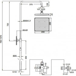 Στήλη Ντους Eurorama Ρυθμιζόμενου Ύψους 83-144 εκ. για Σύνδεση με Μπαταρία Λουτρού ή Ντουζ Τετράγωνη 51400S-400 Μαύρο
