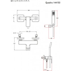 Αναμεικτική Ορειχάλκινη Μπαταρία Ντουζιέρας Eurorama Quadra 144150-400 Blacck matt (Μαύρη Ματ) Τετραγωνισμένη χωρίς Στόμιο με Μαύρο Τηλέφωνο, Σπιράλ και Επίτοιχο Στήριγμα τηλεφώνου