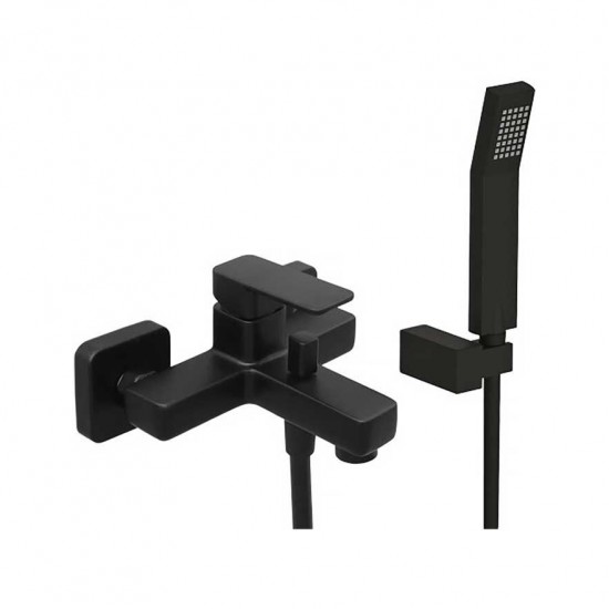 Μπαταρία Λουτρού Eurorama Quadra 144210-400 Black matt (Μαύρο Ματ) με Tηλέφωνο Anticalcare Μαύρο, Επίτοιχο Στήριγμα Τηλεφώνου Μαύρο και Άθραυστο Σπιράλ Μαύρο 1,5m