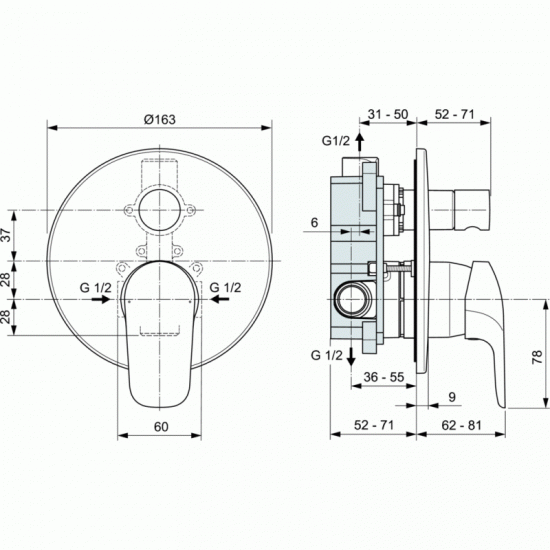 Εντοιχιζόμενη Μπαταρία Ντουζ Ceraflex A6758AA Ideal Standard 2 Εξόδων