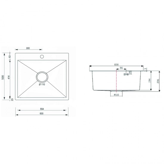 Ανοξείδωτος Νεροχύτης Επικαθήμενος 60x50 Sanitec Vision 6050B 1V Inox Nano Black